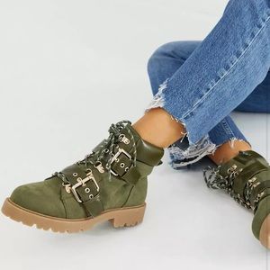 ASOS Combat Chunky Moto Military Olive Green x Gold Ankle Hiker Boot Platform